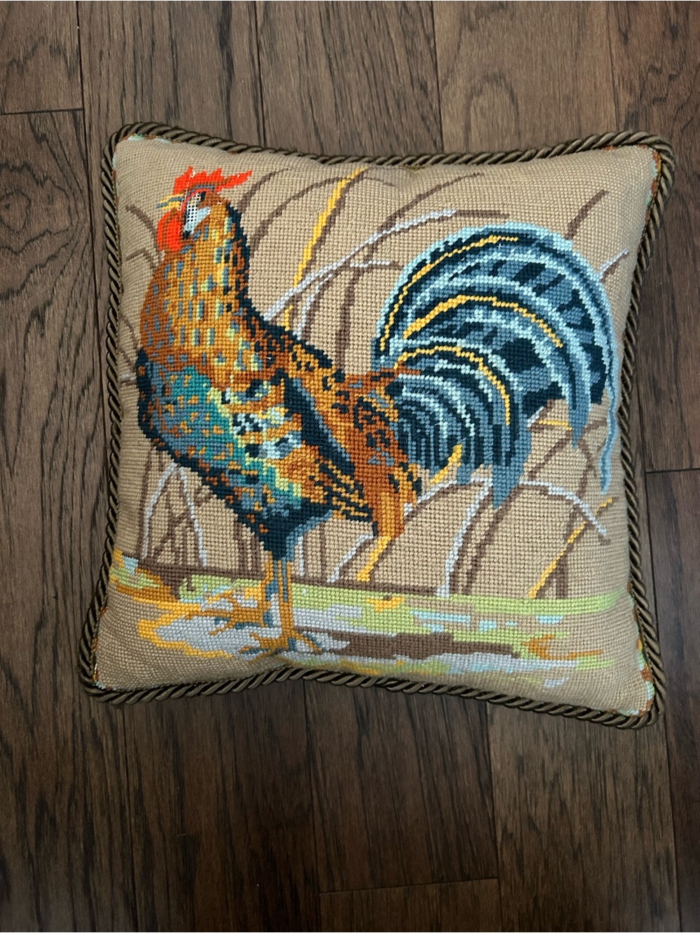 Burmese Rooster Chicken Needlepoint Tapestry Throw Pillow
